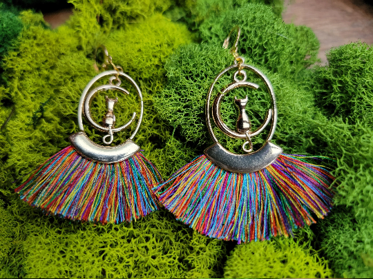 Golden Cat & Moon Earrings- Rainbow Fringe
