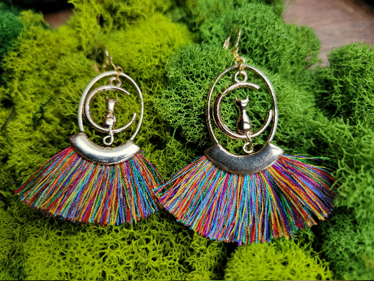 Golden Cat & Moon Earrings- Rainbow Fringe