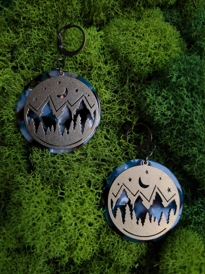 Mountains & Moon Earrings- Teal/ Brown/ White Disc