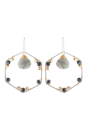 Natural Stone Beaded Hexagon Drop Earrings- Labradorite