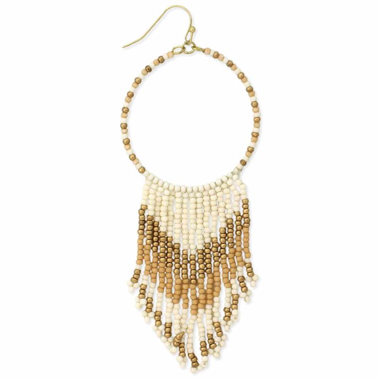 Desert Tan Cream Beaded Fringe Earrings