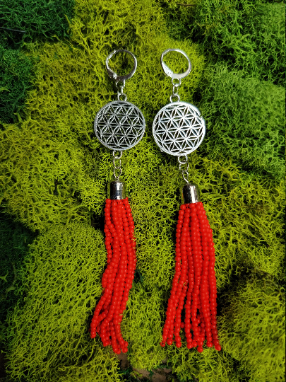 Flower of Life Earrings-Red Beads