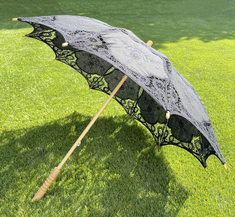 Half Lace Cotton Fabric and Victorian Lace Parasol/Umbrella- Black