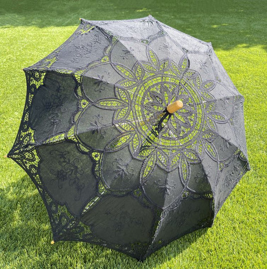 Half Lace Cotton Fabric and Victorian Lace Parasol/Umbrella- Black